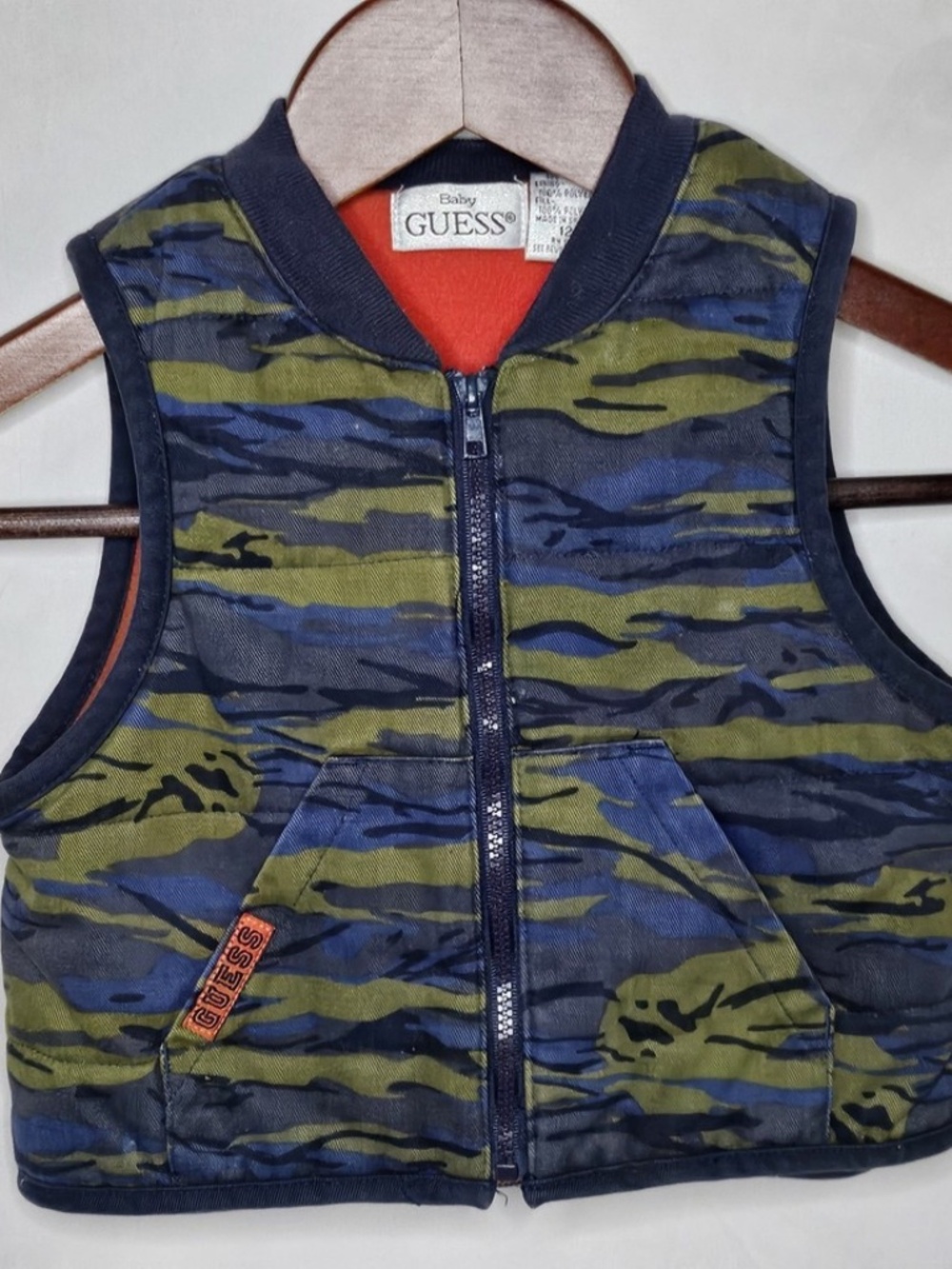 VTG Baby Guess Boys Camo Print Sleeveless Zip Vest Pockets Fleece Lined Size 12M